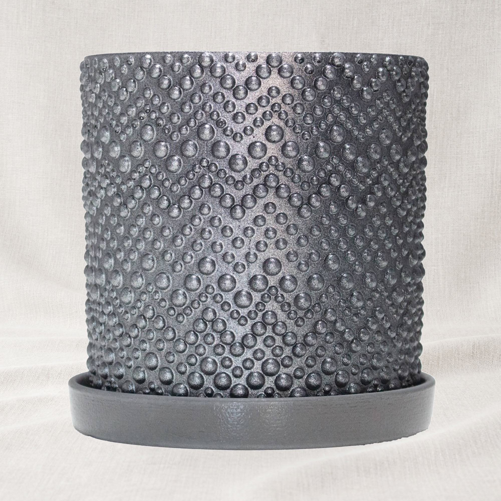 Ghiveci ceramic cu farfurioara, model Beads Dark Gray