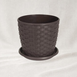 Ghiveci model Rattan cu farfurie 16 cm, nuanță Maro