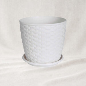 Ghiveci model Rattan cu farfurie 16 cm, nuanță alb