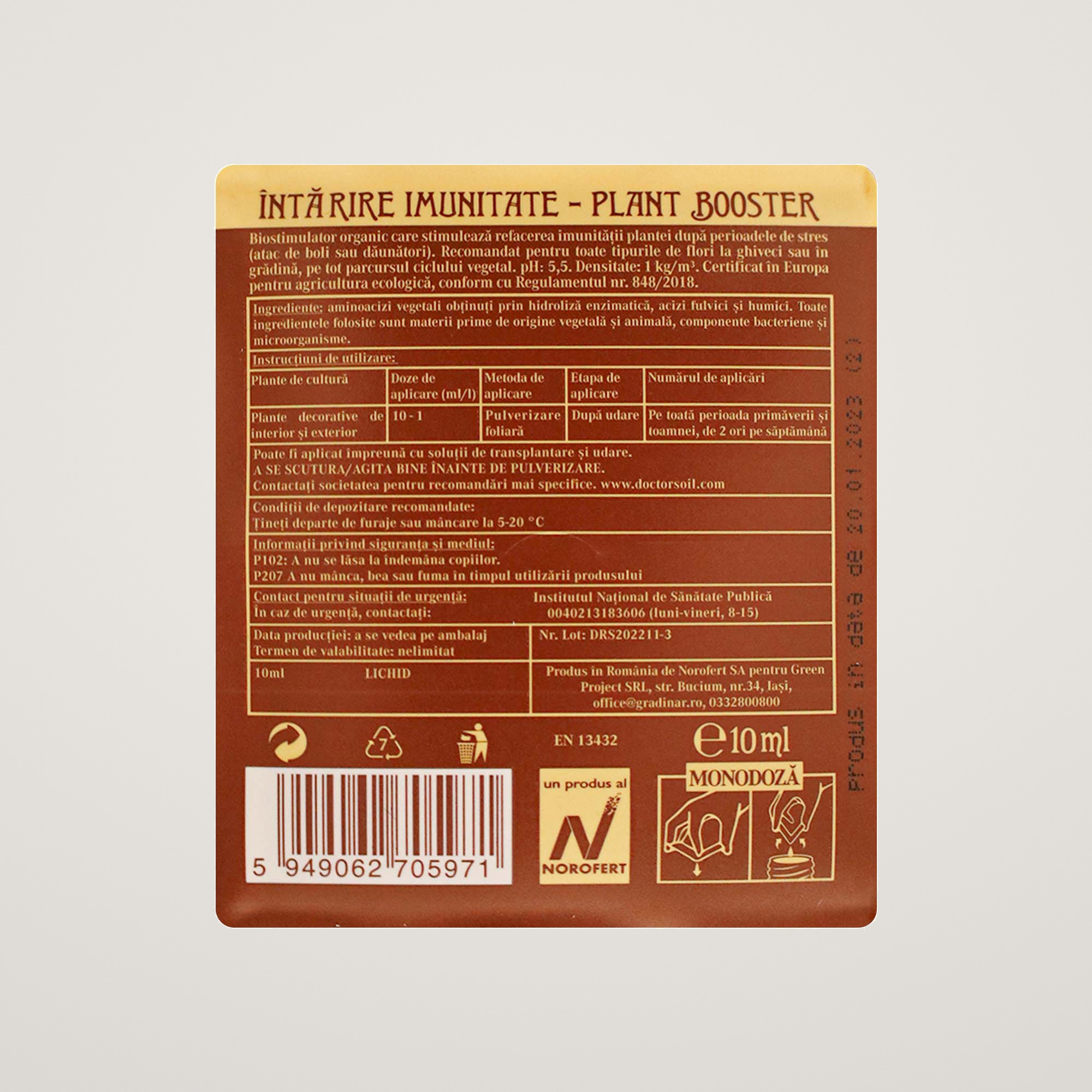 Dr.Soil PLANT BOOSTER, biostimulator cu rol de intarire a imunitatii plantei, monodoza de 10ml pentru 1L de solutie pentru pulverizat - imagine 2