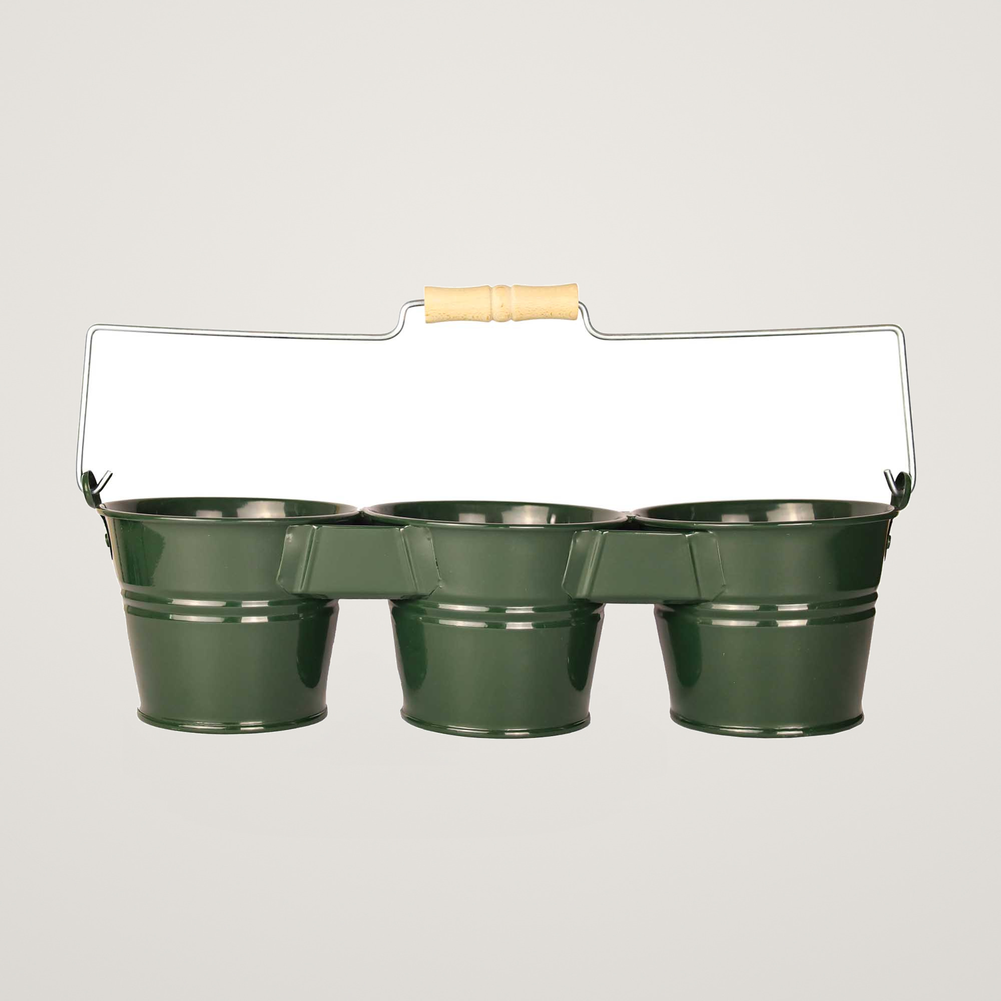 Galeata pentru 3 ghivece cu maner din lemn Mary's Garden Supplies, culoarea verde