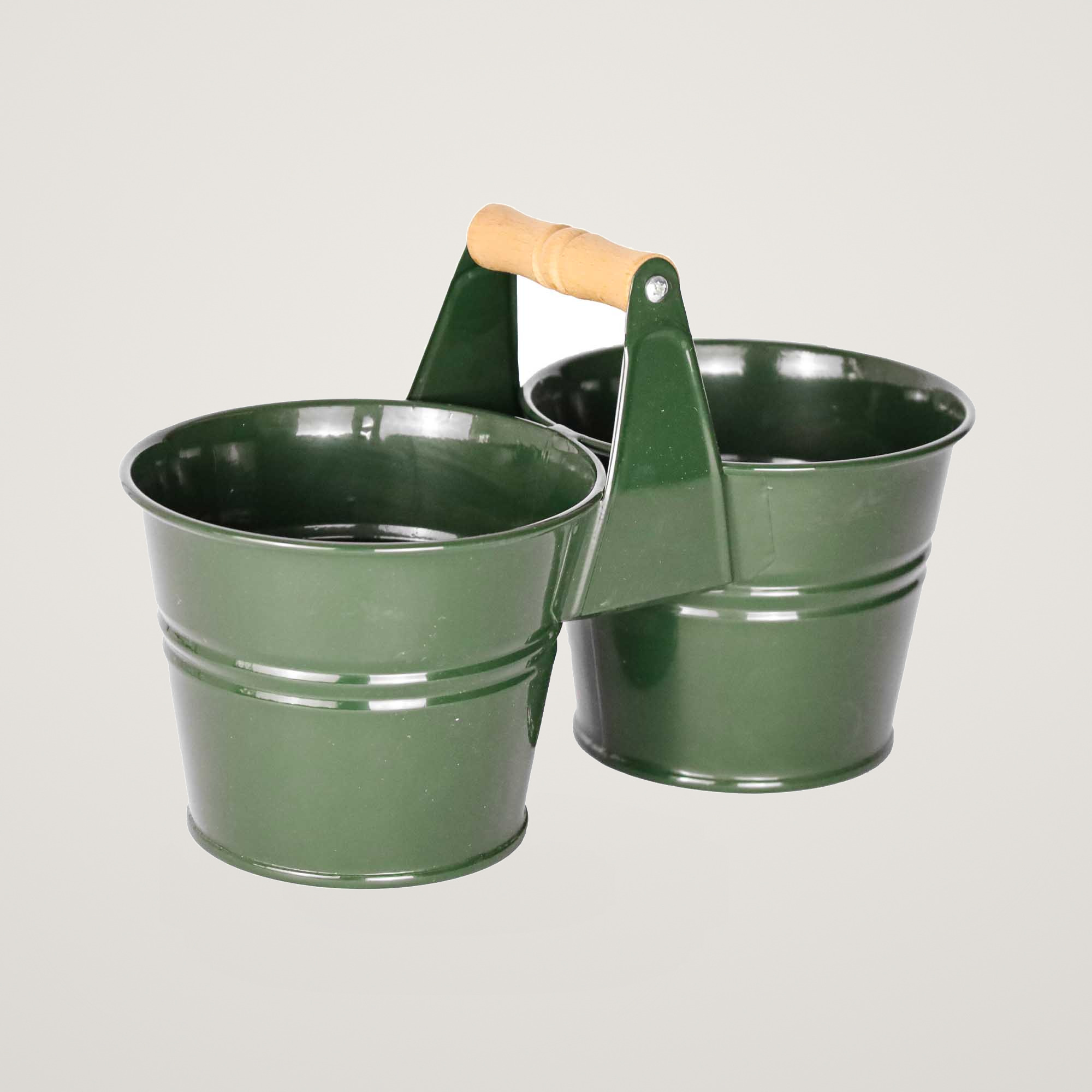 Galeata pentru 2 ghivece cu maner din lemn Mary's Garden Supplies 16.5 cm, culoarea verde
