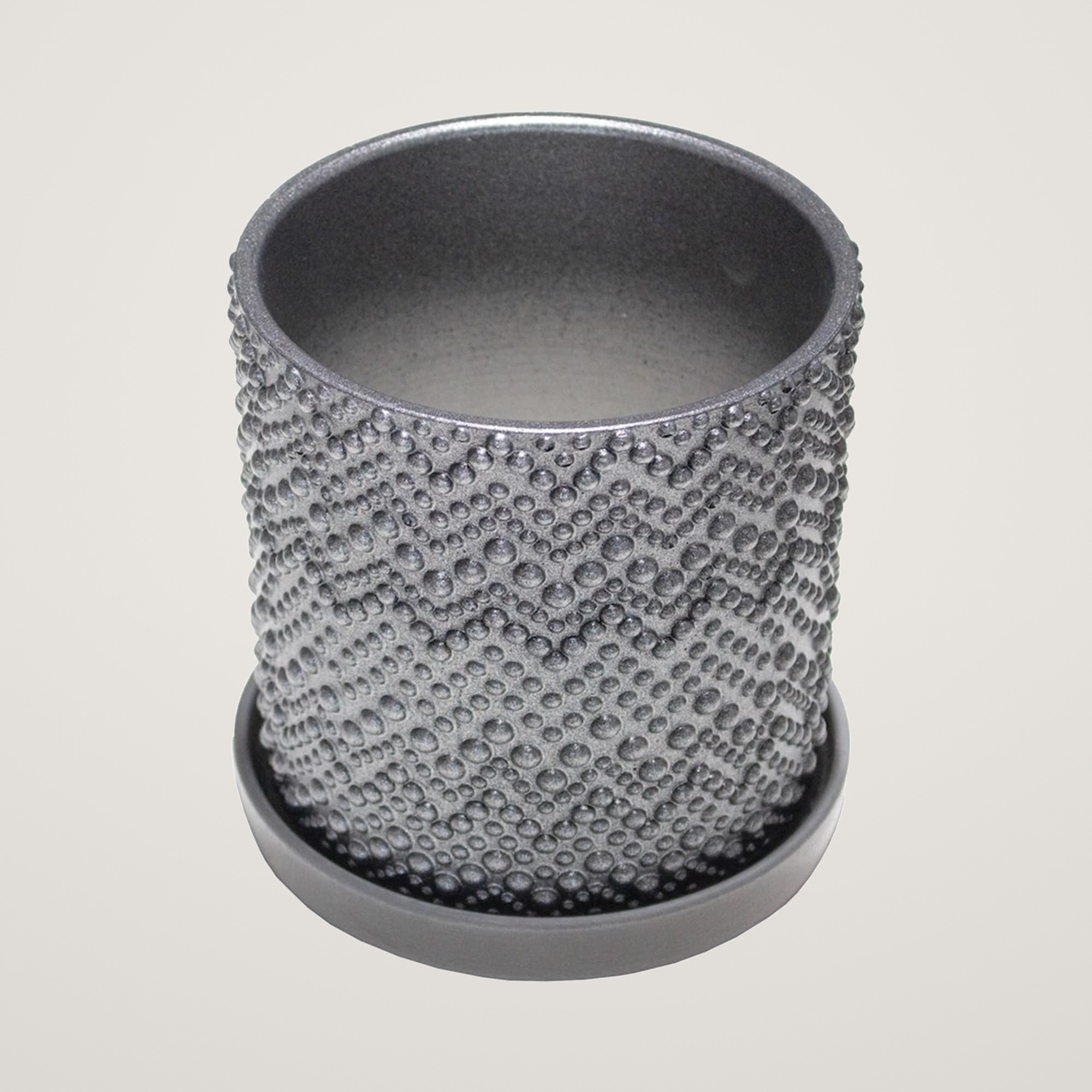 Ghiveci ceramic cu farfurioara, model Beads Dark Gray - imagine 2