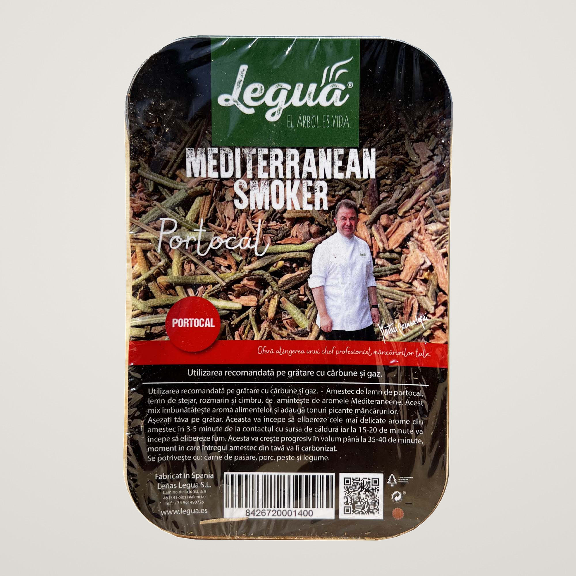 Afumatoare pentru gratar Naranja Legua, din lemn de portocal, in tavita de aluminiu de 500 ml, pentru afumarea preparatelor din carne de pasare, porc, peste si legume