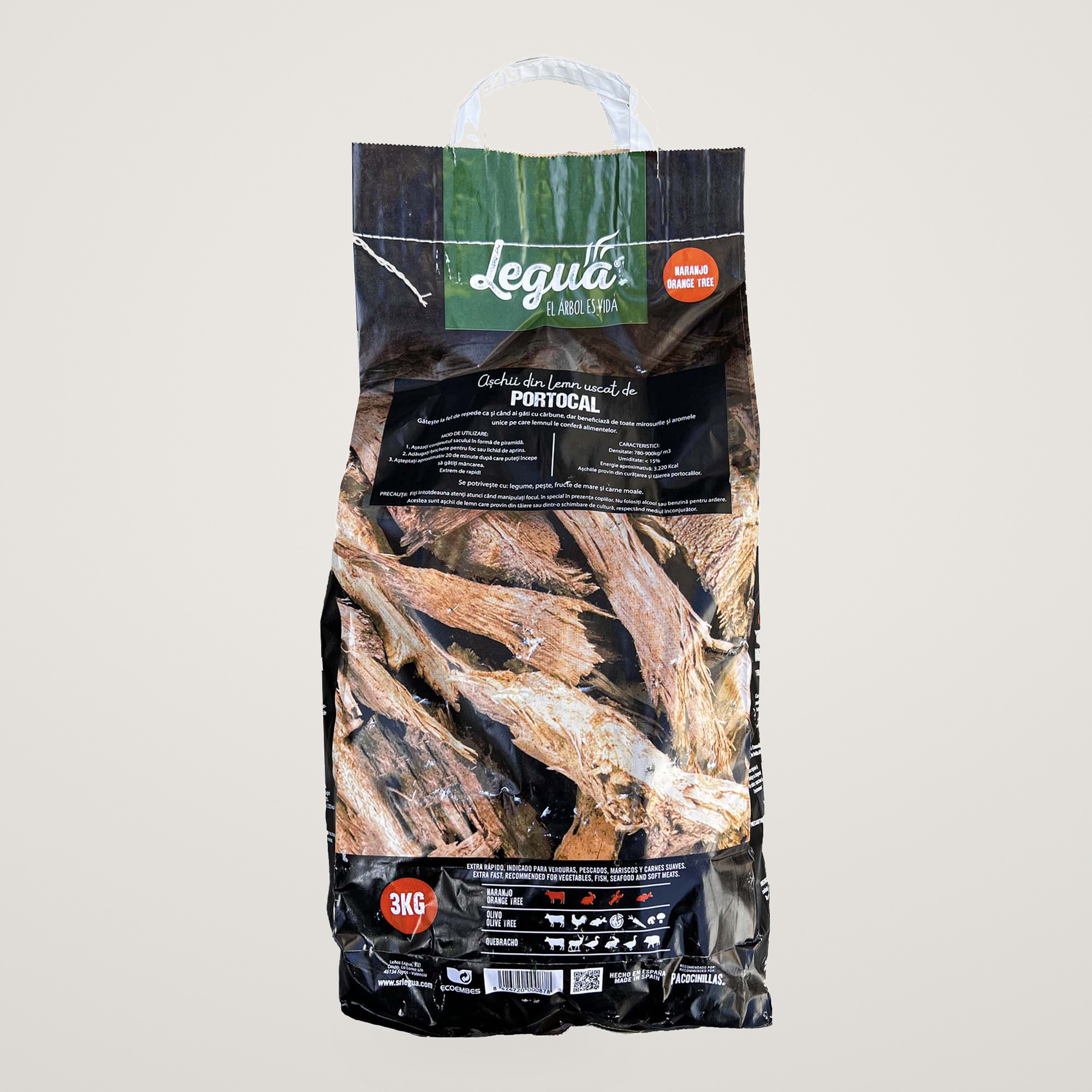 Aschii aromatizate din lemn uscat de Portocal Legua, la sac de 3 kg, pentru afumarea de carnuri moi, peste sau fructe de mare la gratar