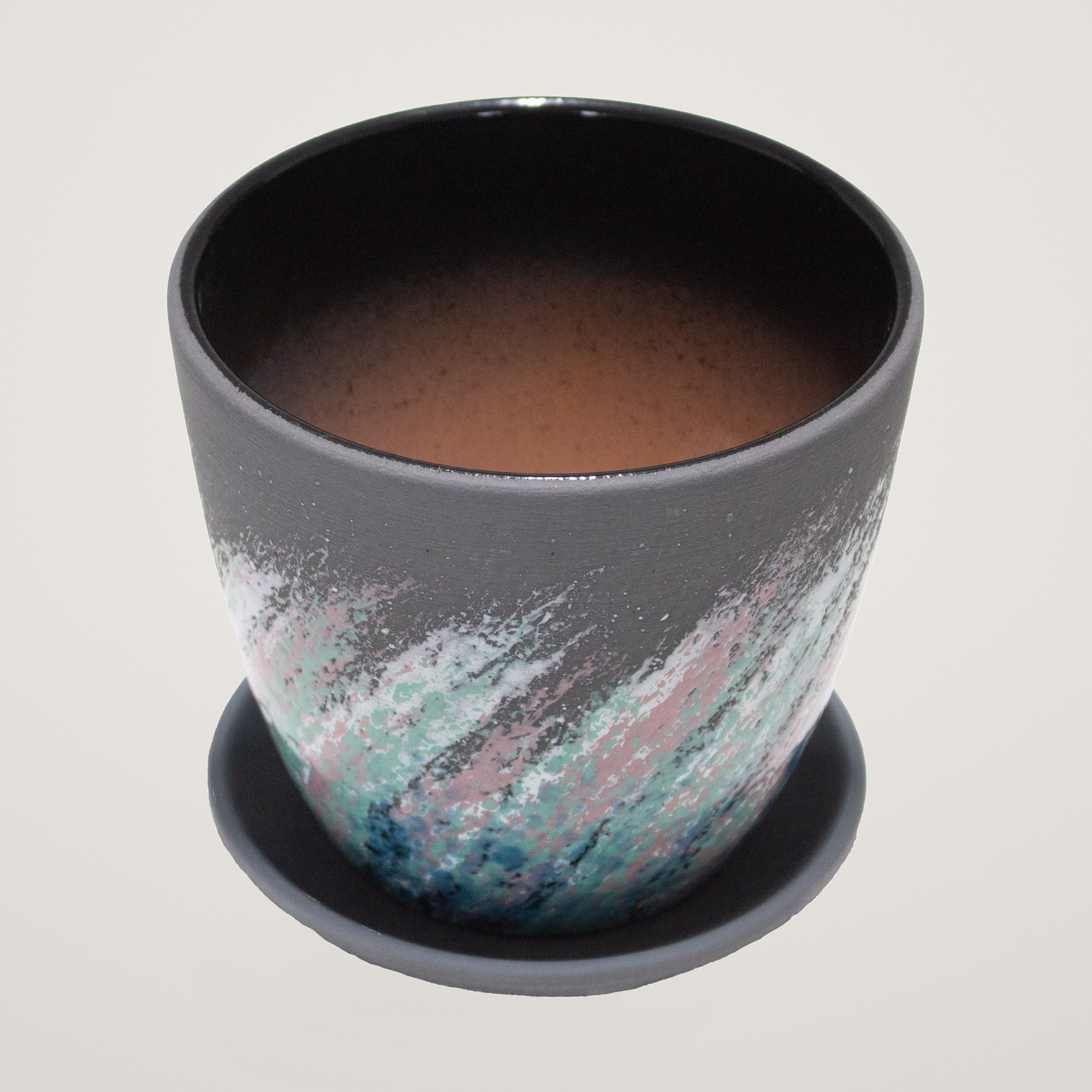 Ghiveci din beton si ceramica cu farfurie Crocus pictat, negru, cu diametrul de 14.8 cm - imagine 5