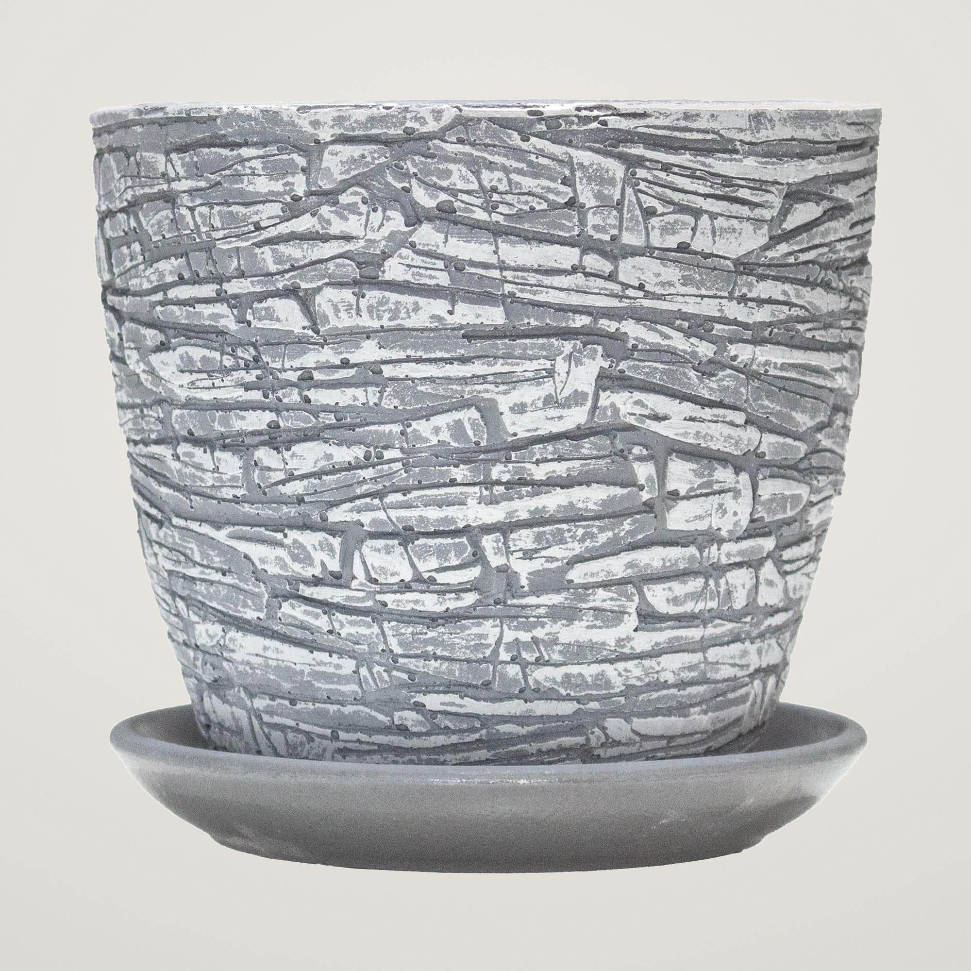 Ghiveci din beton si ceramica cu farfurie Rock Gray, cu diametrul de 14.5 cm